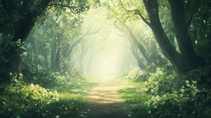 Obraz premium Mystical Forest Trail Sunlight Path Through Lush Green Trees and Fog