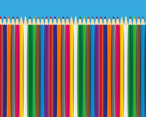 Realistic box of colored pencils icon set closeup