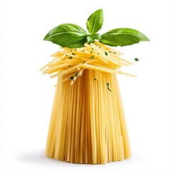 High quality realistic photo of a bunch of spaghetti noodles with fresh basil leaves isolated on a white background