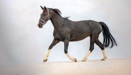 Un elegante caballo negro caminando sobre terreno arenoso &ndash; Imagen de alta calidad
