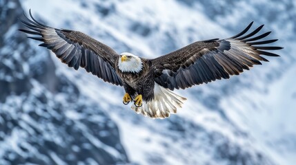 Obraz premium Majestic eagle soaring over snow-capped mountains during a clear winter day