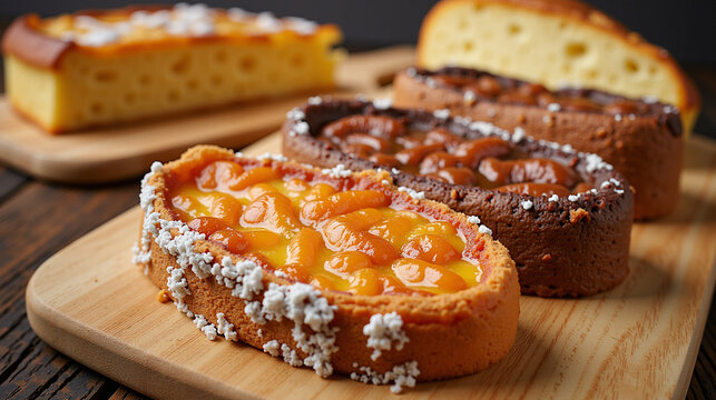 Wooden cutting board with different types of cakes on it.