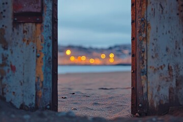 Rustic Metal Gate Reveals Scenic Coastal Sunset Beach View Tranquil Evening Golden Hour Peaceful Atmosphere Serene Landscape Coastal Scene Ocean      