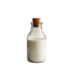 A refreshing glass bottle of creamy milk sealed with a natural cork stopper, ready for a wholesome drink, against a bright white background.