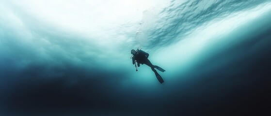 A lone scuba diver explores the mysterious depths of the ocean under an expansive, lightly illuminated surface.