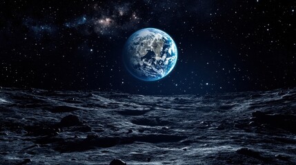View of Earth from the Moon's surface at night with star-filled sky and lunar landscape