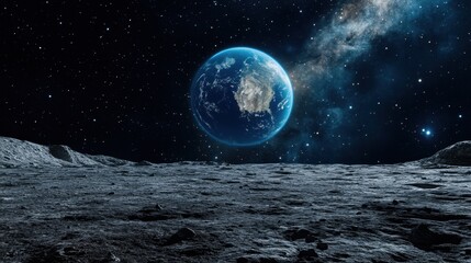 View of Earth from the Moon's surface at night with star-filled sky and lunar landscape