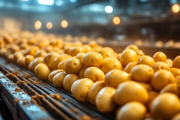 Industrial conveyor belt filled with fresh, golden potatoes moving through a processing facility, showcasing the efficient flow of agricultural produce Generative AI