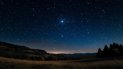 Night Sky Landscape with Bright Stars over Dark Hills