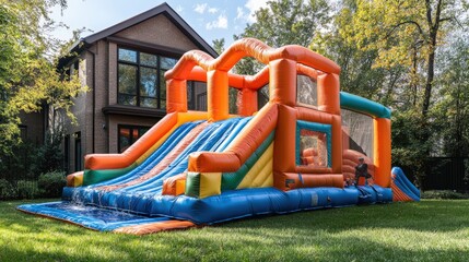 Colorful inflatable water slide brings joy to backyard party