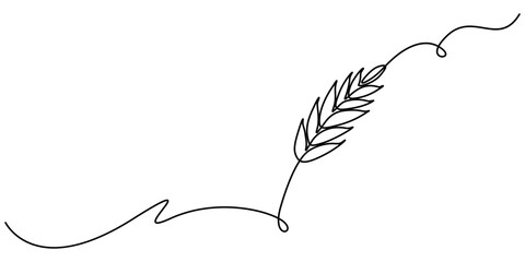 A single line drawing of a spikelet. Continuous line thanksgiving ear icon. One line icon. Vector illustration, Ears of wheat one continuous line drawing .Fall harvest line art. Vector one line of pro
