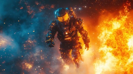 Futuristic warrior in a fiery battle against a dystopian landscape at dusk