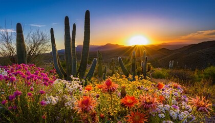 cactus and wildflowers at sunset