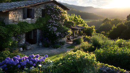 Fototapeta premium A countryside villa with hydrangea-covered stone walls.