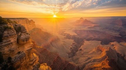 Majestic sunrise over Grand Canyon landscapes, bathed in warm, golden hues and atmospheric perspective