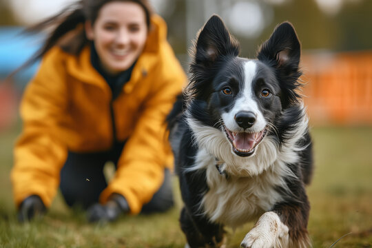 Exciting agility training moment with border collie and handler in the park