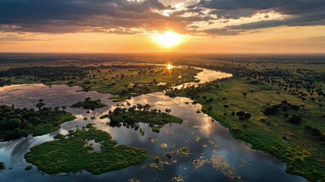 Soaring view over the Zambezi River at sunset highlighting the tranquil landscape of Zambia, Epic soaring shot over Zambia structure at sunset