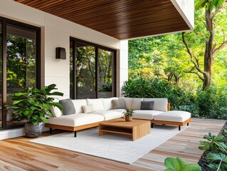 Luxurious Outdoor Living Explore a stunning modern patio featuring comfortable sectional seating, a stylish coffee table, and lush greenery Discover the perfect blend of indoor comfort and outdoor
