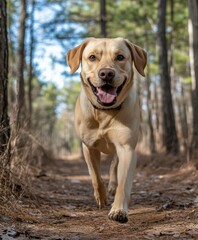 Labrador enjoys a joyful walk in the forest path