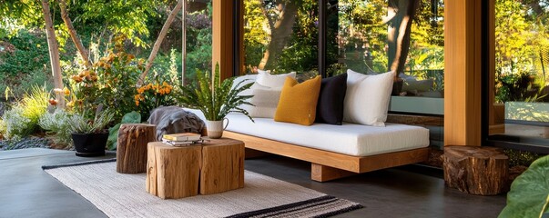 Relaxing Outdoor Patio Retreat with Modern Wooden Furniture A Serene Scene of Natural Light and Comfortable Living Explore this Stylish Outdoor Living Room Featuring a Cozy Daybed, Rustic Wood