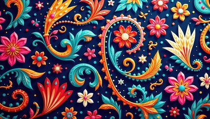 Intricate swirling floral paisley pattern in vibrant hues, style, fabric