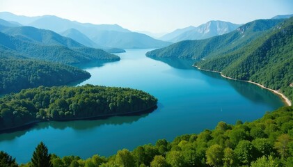 Irregular shaped lake with winding shoreline and islands, peaceful, lake