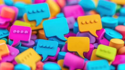 Colorful speech bubble shapes scattered together, representing communication and conversation in a vibrant, playful way, AI workplace