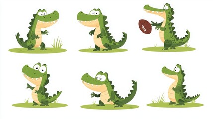 Cute Cartoon Crocodile Characters Set, Six adorable crocodile illustrations in various poses.