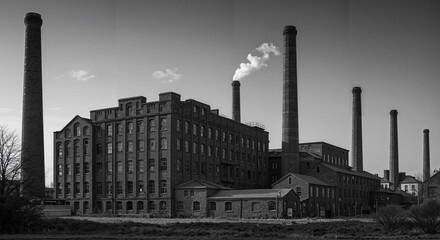 Fototapeta premium Red brick Cotton Mill building with tall chimneys emitting steam