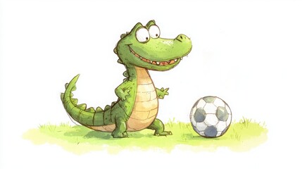 Fototapeta premium Cute Cartoon Crocodile Playing Soccer, Happy crocodile with soccer ball. Childrens illustration.
