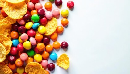 Obraz premium Pile of colorful candy, chips, and soda on white background, cookies, greasy