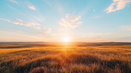 Obraz premium Golden fields stretch towards the horizon as the sun rises, casting warm light over the serene landscape at dawn Generative AI