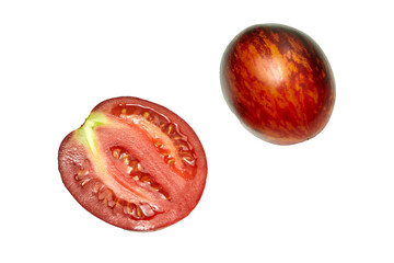 Red tomato whole and cut in half, on white background. Fresh and ripe. Top view