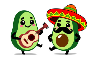 Cute Avocado Characters Playing Guitar and Dancing in a Mexican Fiesta