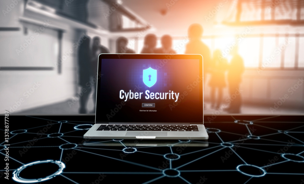 Poster cyber security system on computer screen protect private information snugly from hacker and cyber at
