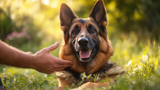 Engaging dog training session in a sunny park with a happy German shepherd
