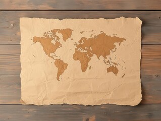 Old world map on weathered paper, spread across a vintage wooden desk, historical atmosphere