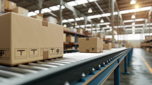 A conveyor belt efficiently transports boxes in a spacious warehouse filled with organized shelves. The atmosphere is busy, showcasing a streamlined distribution process for logistics