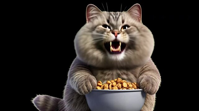 Hungry cat with food bowl animated overlay, transparent 4K video, alpha channel, ProRes 4444