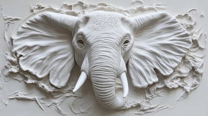 Detailed elephant face relief sculpture with realistic wrinkles and textured skin in off-white medium