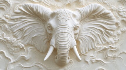 Detailed elephant face relief sculpture with realistic wrinkles and textured skin in off-white medium