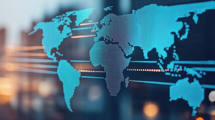 A digital world map displayed with blue dots and lines, emphasizing global connections against a blurred city background.