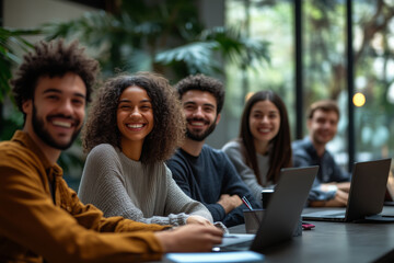 Fototapeta premium Multicultural professionals collaborate in a modern workspace setting