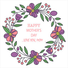 Happy mother's day Vintage floral frame with pink blossom and green leaves design