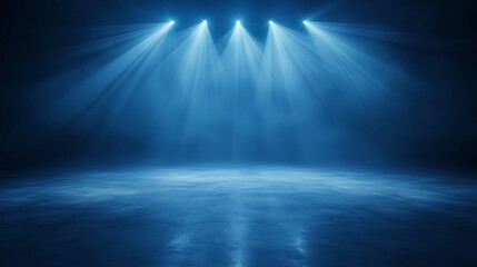 Dramatic dark blue stage illumination, spotlights creating a captivating ambiance for performance