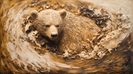 Obraz premium Fierce bear emerging from swirling textured background, carved in natural curves and lines