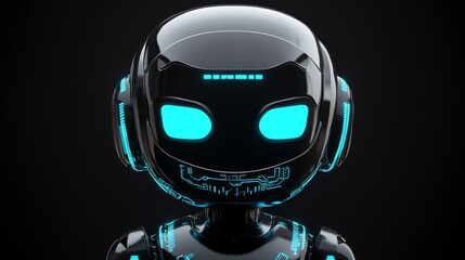 Futuristic black robot with blue led eyes and headphones