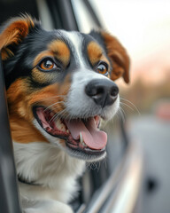 Joyful dog enjoying the breeze from the car window during a sunset drive