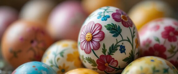 Decorated Easter Eggs with Floral Patterns for Spring Holiday Celebration