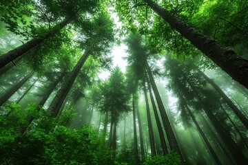 Fototapeta premium A dense forest with vibrant green foliage featuring trees stretching towards the sky in the background Dense forests clinging to towering slopes .